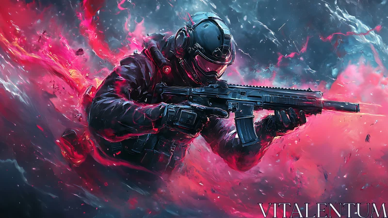 Neon storm commando cuts through electric crimson smoke.