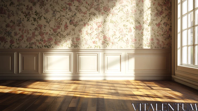 Photorealistic floral interior with paneled wainscoting and light play.