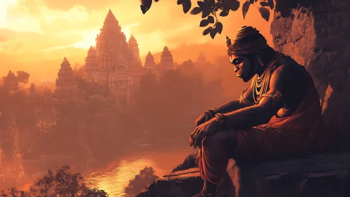 Contemplative monkey deity above sunlit temple river valley.