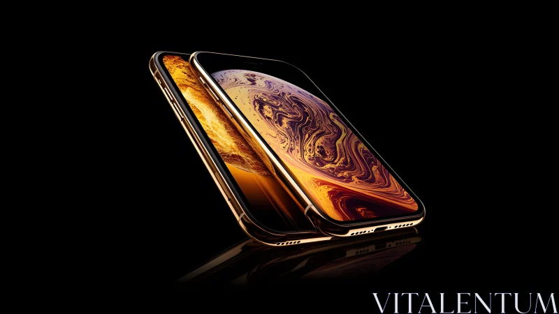 Sleek gold smartphones with vivid displays on black background.