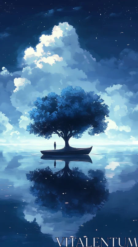 Digital painting of lone boat and tree on mirrored night lake.