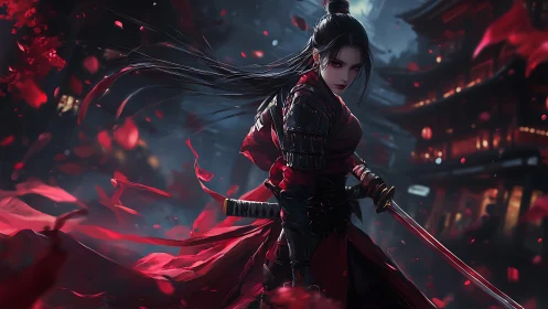 Female swordswoman in black and red armor in night courtyard.