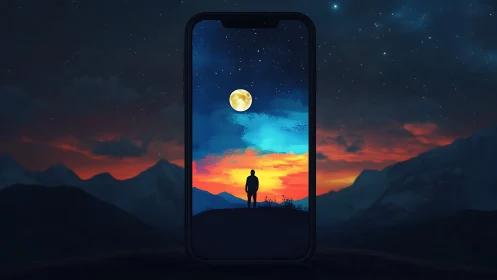 Mobile viewport as cosmic portal for silhouetted stargazer.