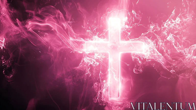 Luminescent plasma cross emerging from turbulent magenta vapor.