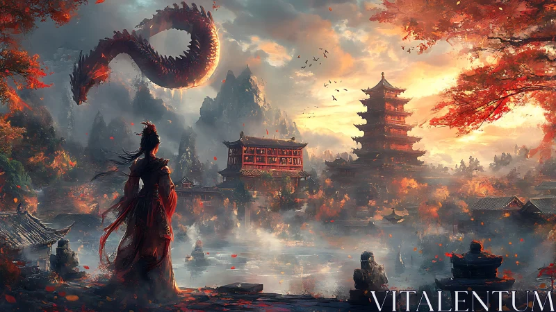 Warrior observes soaring dragon above misty autumn temple valley