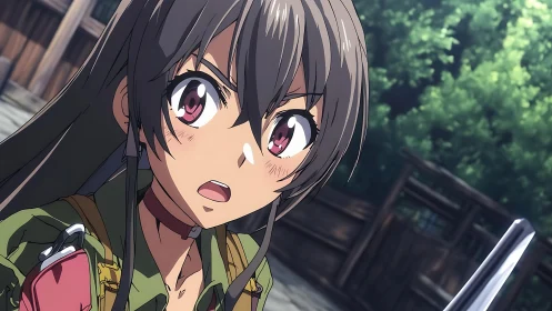 Battle-ready anime heroine freezes in sudden forest alarm.