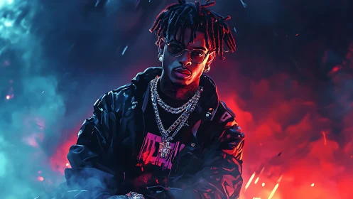 Neon-lit rapper portrait glows in electric urban haze