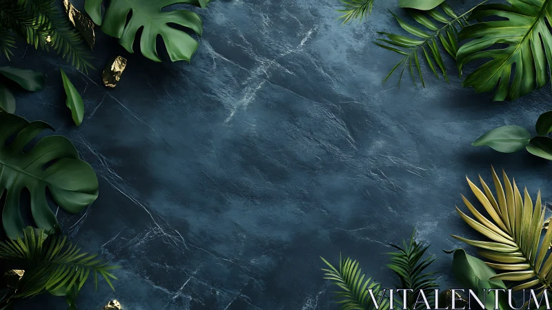 Tropical leaves frame dark slate background with gold accents