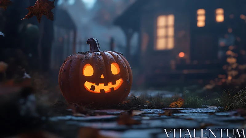 Illuminated carved pumpkin sits on damp path before house