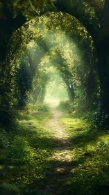 Luminous Forest Tunnel Bathed Ethereal Dappled Sunlight Path