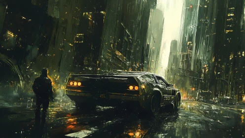Futuristic muscle car idles in neon-soaked cyberpunk rain.