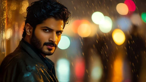 Moody urban portrait in neon rain with intense gaze.