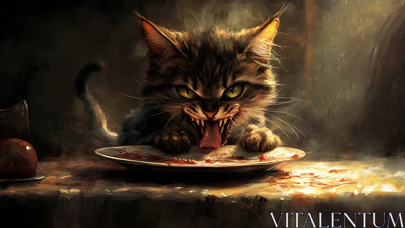 Ferocious tabby cat snarling over bloodstained dinner plate