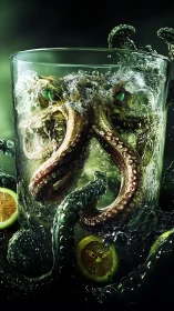 Sea monster cocktail leaps from glass with fizzy mischief.