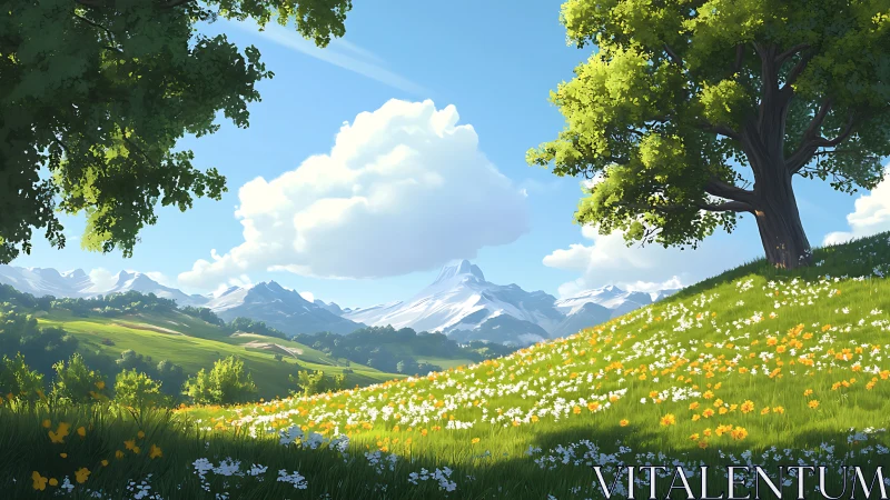 Sunny alpine meadow with wildflowers and distant peaks.