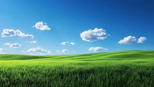 Peaceful green hills under a bright, cloud-brushed sky.