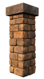 Weathered modular brick pillar with stone cap, isolated view