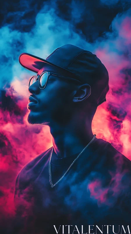 Neon smoke silhouette captures futuristic urban confidence