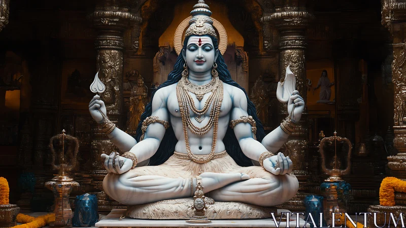 Serene Shiva idol rendered in hyper-detailed temple interior