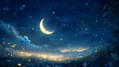 Gentle crescent moon glowing above a dreamy wildflower field.