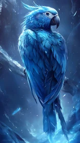 Blue parrot perched in cool-toned digital artwork.