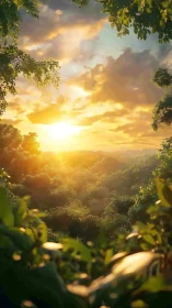 Golden sunrise glowing gently above lush green forest.