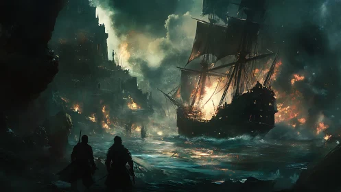 Infernal coastal raid with burning frigate under stormlight.