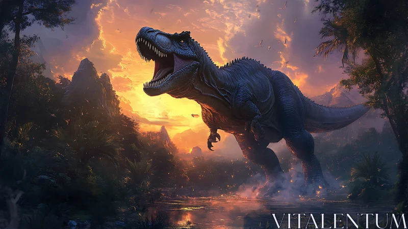 Roaring T. rex storms through primeval jungle at sunset.