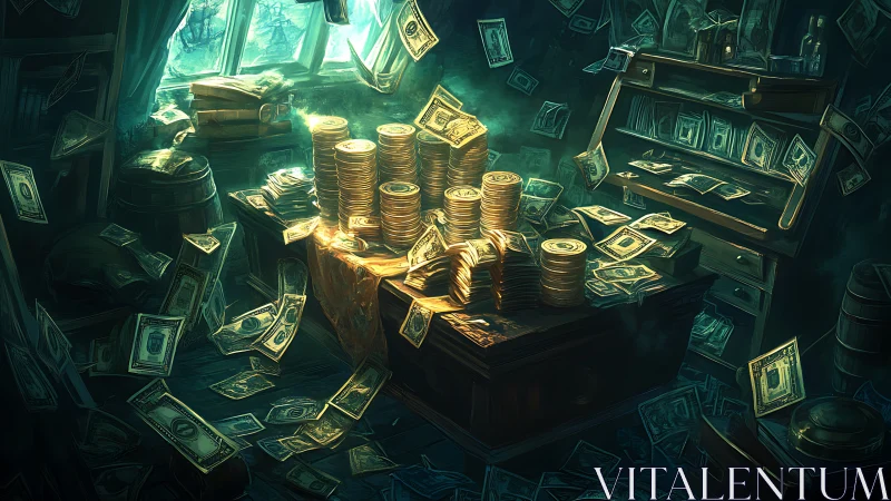Storm of banknotes around glowing stacks of gold coins.