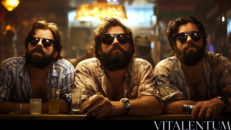 Bearded men in sunglasses at neon lit retro bar counter.