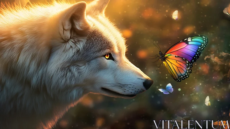 Luminous wolf daydreams with a prism-winged butterfly visitor.