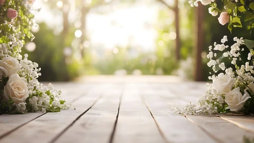 Sunlit wooden aisle framed by ivory roses and gypsophila.