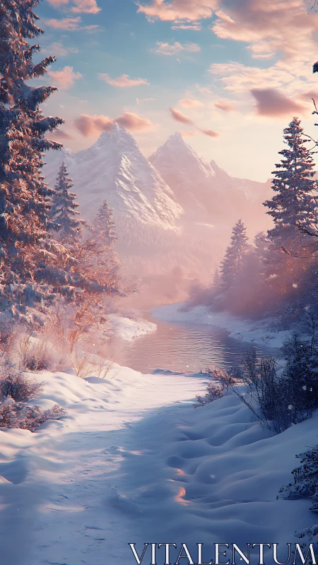 Winter path wanders toward soft pink mountains at sunrise