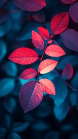 Red leaves against cool blue foliage background.