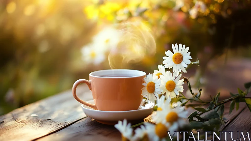 Photorealistic floral still life with steaming cup on wood table.
