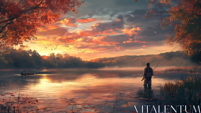 Golden evening sky welcomes a quiet fisherman by the lake