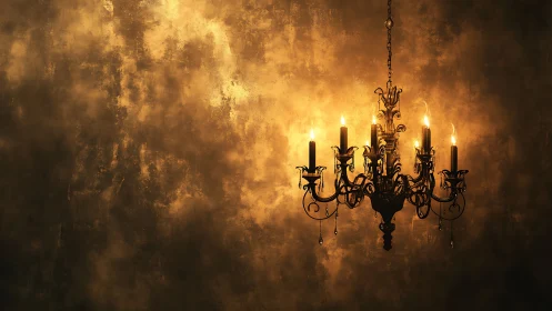 Hanging chandelier illuminates textured wall surface