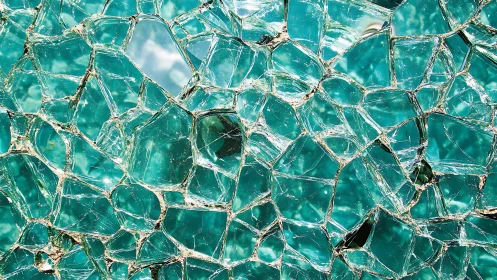 Shattered teal glass tessellates into shimmering crystal chaos