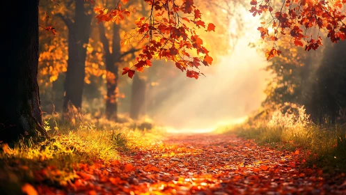 Autumn forest path with sunlight filtering through foliage.