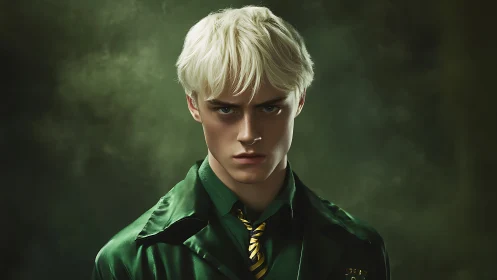 Brooding blond student in dark green uniform portrait.