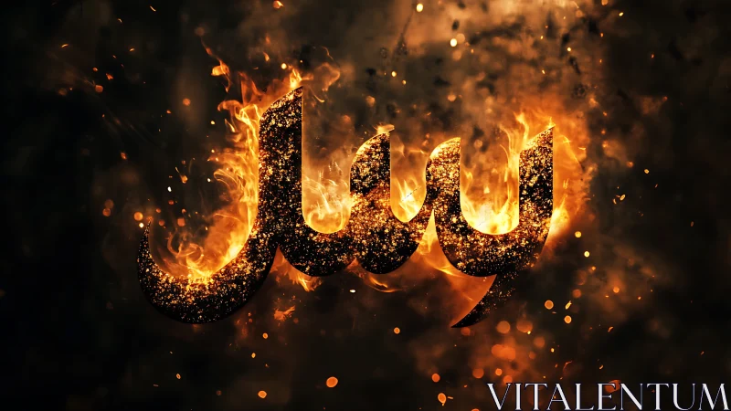 Fiery golden script blazes with sparks in a dark night