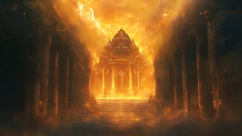 Radiant celestial temple amid molten golden mistscape.
