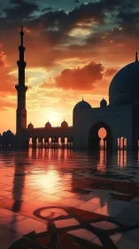 Sunset mosque courtyard glows in warm reflective stillness