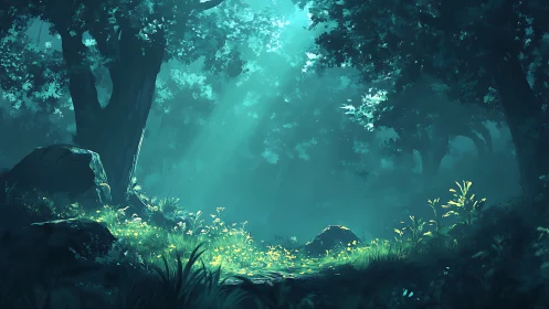 Enchanted Forest Glowing with Ethereal Turquoise Light