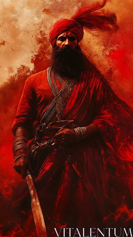 Martial warrior portrait in crimson robes with curved sword