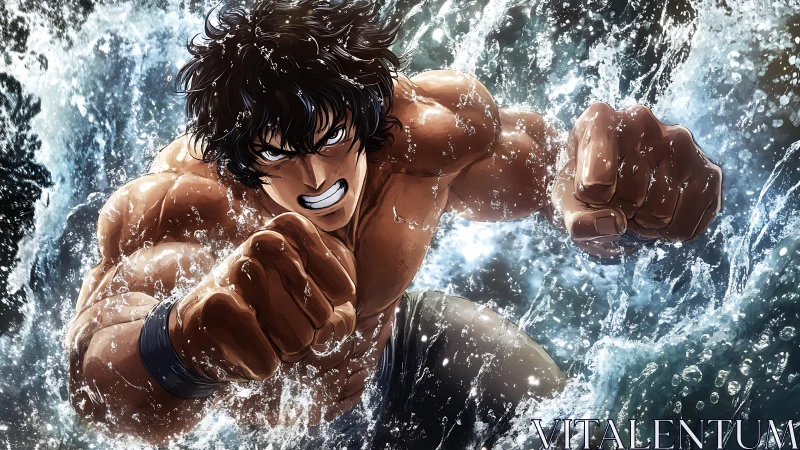 Storm-punching warrior erupts through crashing ocean fury.