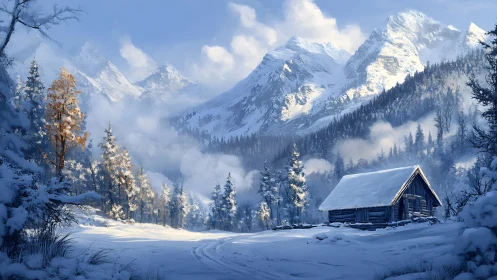 Snowbound cabin below misty alpine peaks at blue hour.