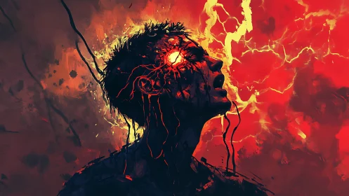 Fiery soul erupts in a storm of electric crimson light.