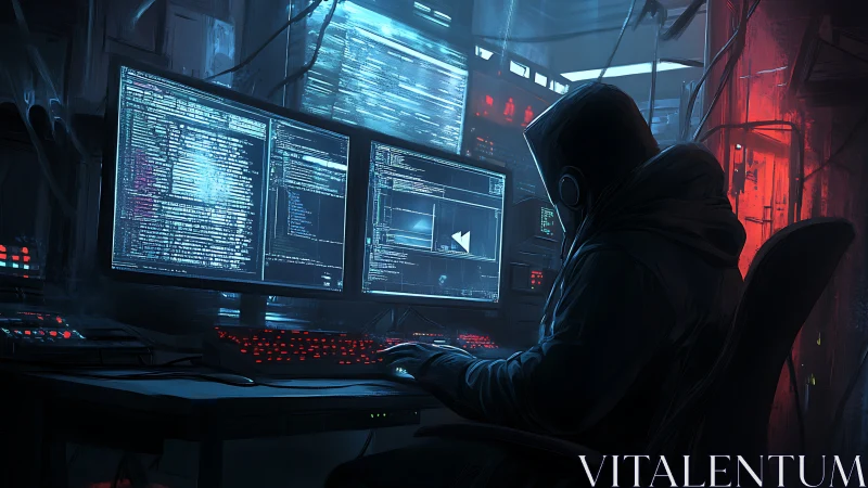 Hooded computer user works across dual coding monitors at night