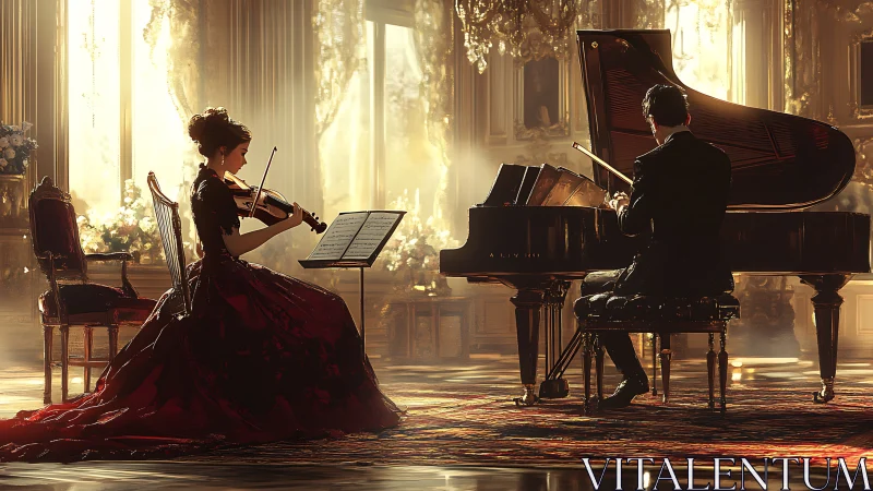 Elegant duet with violin and grand piano in golden hall.